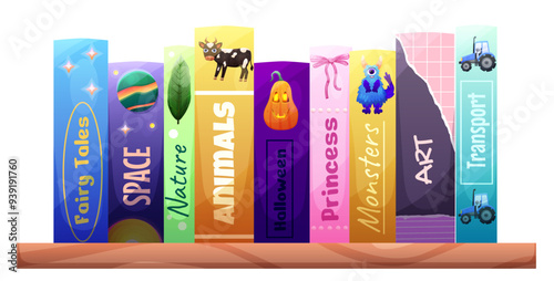 Kids wooden bookshelf with school literature. Children home library. Vector illustration