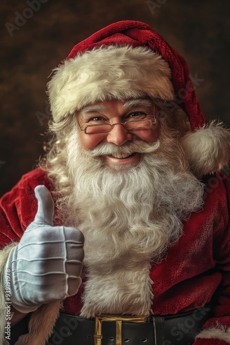 'Santa Claus is giving a cheerful thumbs up with a joyful expression on his face.'