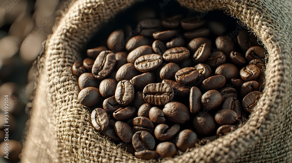 Detailed Macro Shot of Raw Coffee Beans in Burlap Sack Highlighting Texture and Earthy Tones