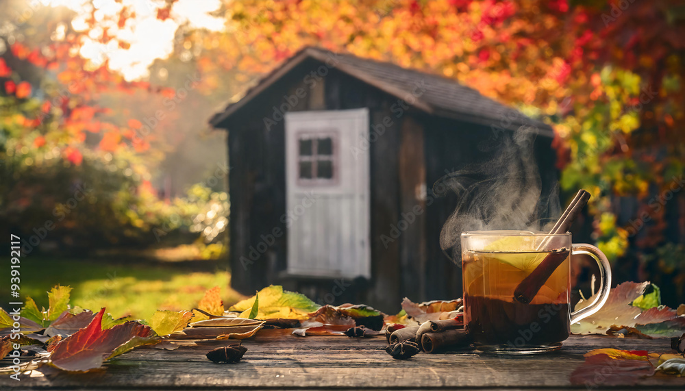 Hot mulled cider in a rustic mug, steam rising against a backdrop of a garden shed Hot mulled cider in a rustic mug, steam rising against a backdrop of a garden shed