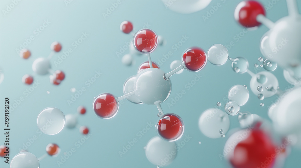 Molecular structure with white and red atoms on a light blue background Molecular structure with white and red atoms on a light blue background