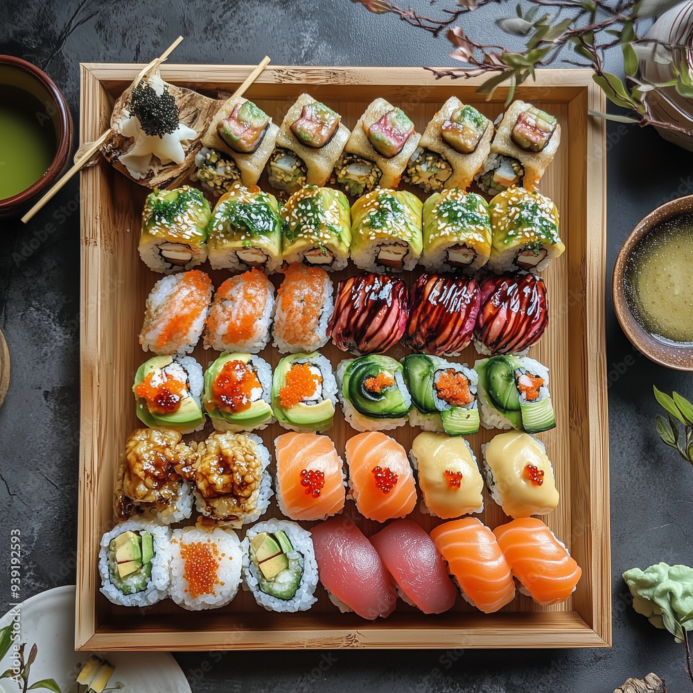 a meticulously arranged sushi platter in a minimalist Japanese setting and serve with tradition famous Japanese food a meticulously arranged sushi platter in a minimalist Japanese setting and serve with tradition famous Japanese food