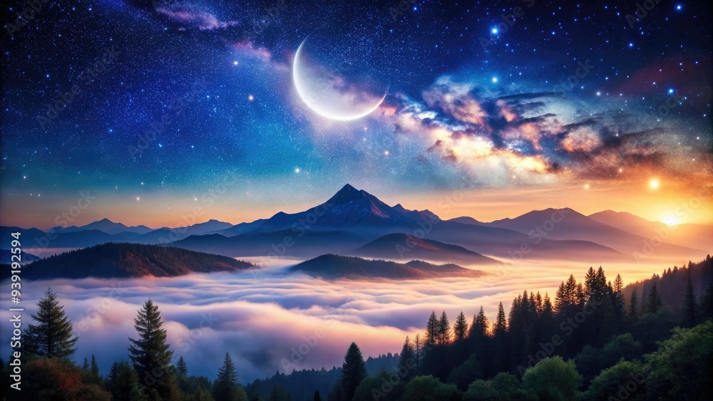 Serene night sky with vibrant stars, crescent moon, and misty mountains, evoking a sense of wonder, magic, and infinite possibilities in a peaceful dreamscape. Serene night sky with vibrant stars, crescent moon, and misty mountains, evoking a sense of wonder, magic, and infinite possibilities in a peaceful dreamscape.