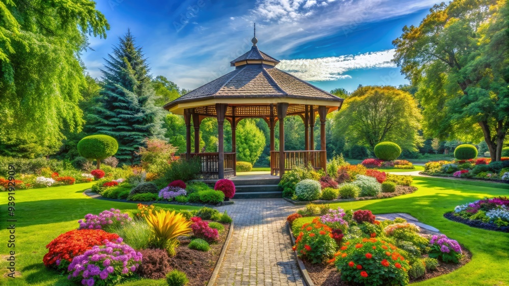 Serene pavilion surrounded by lush greenery and vibrant flowers in a tranquil park, inviting relaxation and recreation on a sunny afternoon. Serene pavilion surrounded by lush greenery and vibrant flowers in a tranquil park, inviting relaxation and recreation on a sunny afternoon.