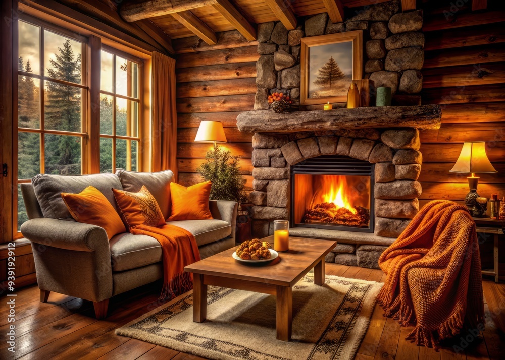 Cozy Cabin Hideaway: Warm, inviting, crackling fireplace, fuzzy blankets, orange Cozy Cabin Hideaway: Warm, inviting, crackling fireplace, fuzzy blankets, orange