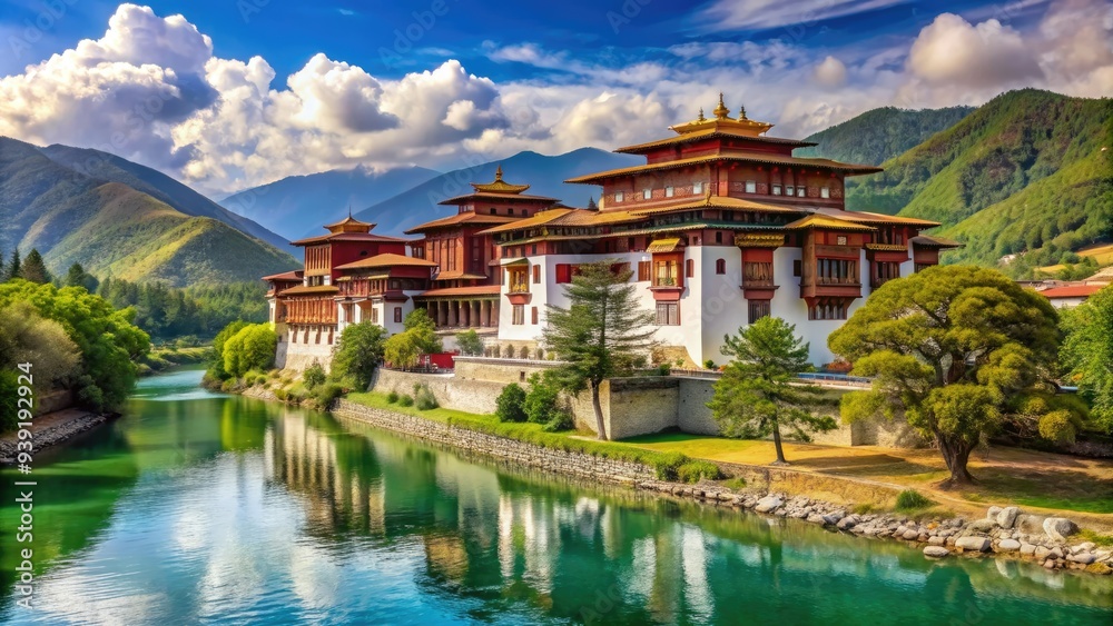 Fototapeta premium Serene Punakha Dzong, Nestled Amid Vibrant Greenery And Crystal Clear Waters, Exudes Tranquility And Cultural Heritage.