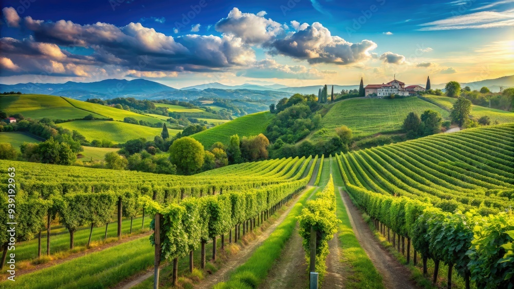 Serene rows of lush green vineyards stretch towards the horizon under a bright blue sky in the picturesque Italian countryside of Northern Italy. Serene rows of lush green vineyards stretch towards the horizon under a bright blue sky in the picturesque Italian countryside of Northern Italy.