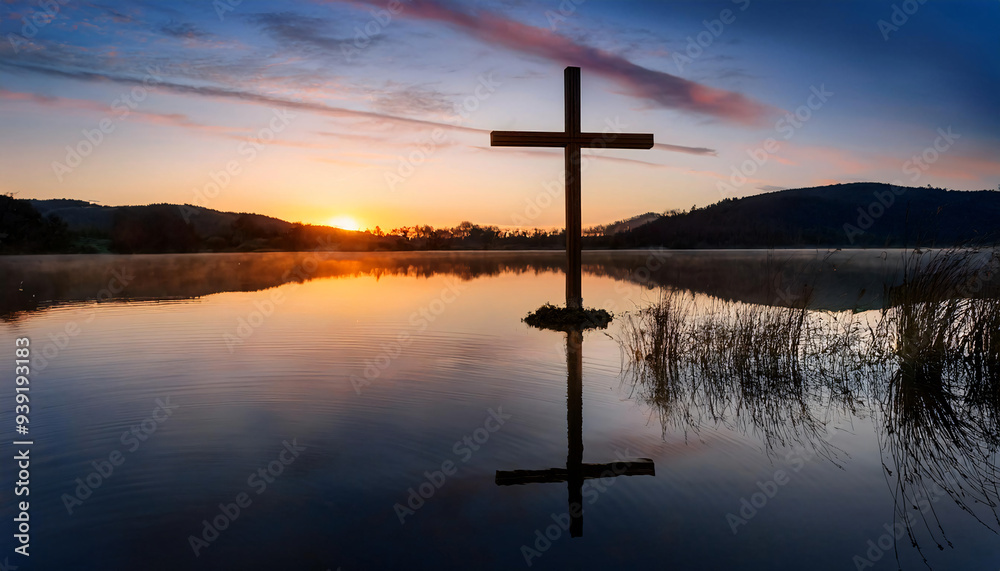 Reflection of a cross in the still waters of a lake at twilight Reflection of a cross in the still waters of a lake at twilight