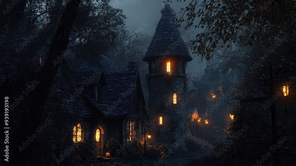 A mystical village at night, illuminated by warm lights from stone houses under a dark sky. A mystical village at night, illuminated by warm lights from stone houses under a dark sky.