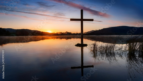 Reflection of a cross in the still waters of a lake at twilight