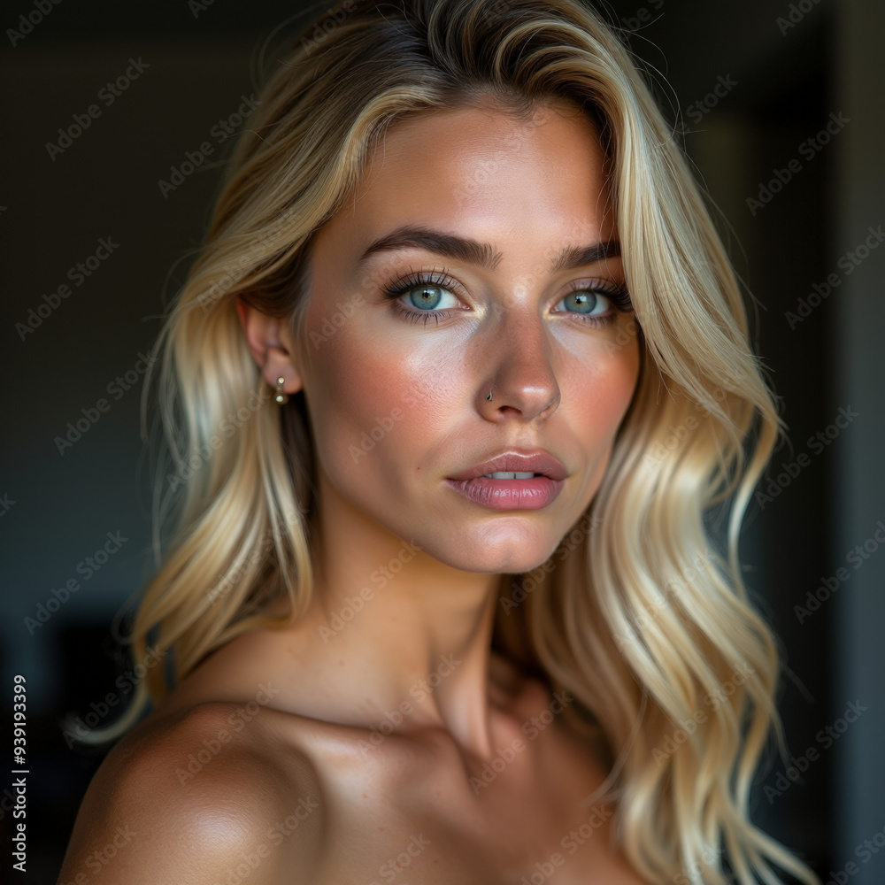 Naklejka premium Blonde Girl Serious Mesmerizing Expression Portrait