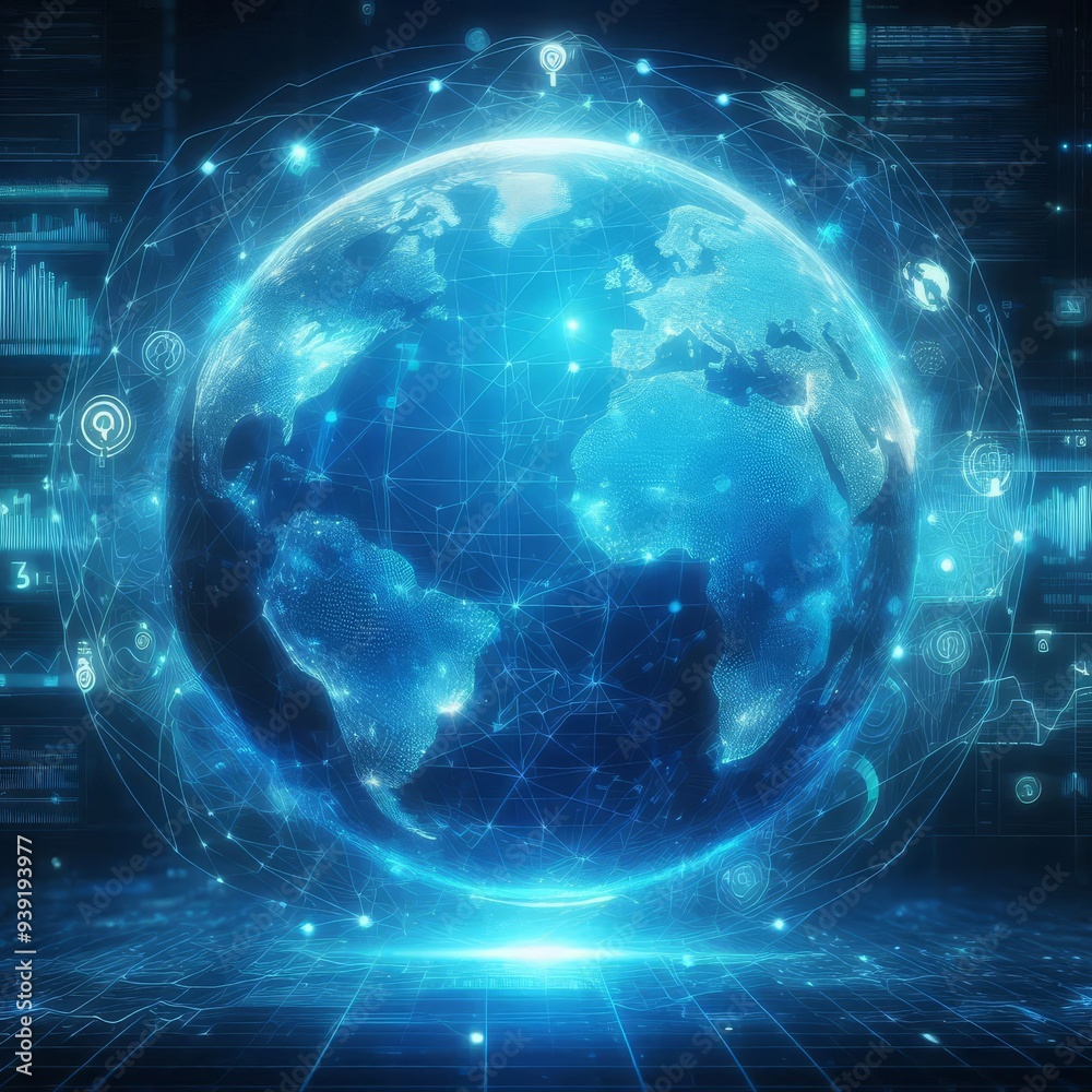 blue hologram globe with world map with glowing data streams, ai global communication networks, virtual reality simulations, geospatial data visualization, and interactive educational experience.
