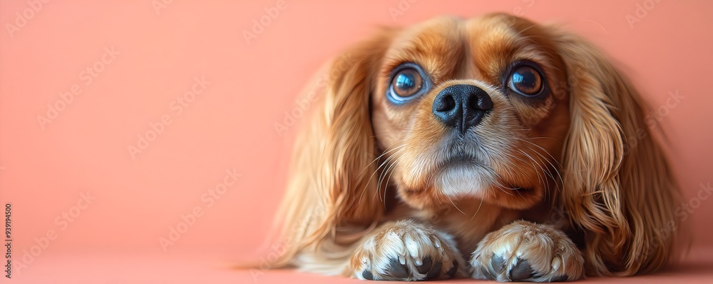 Naklejka premium Adorable Cavalier King Charles Spaniel with Stunning Blue Eyes - Charming Small Greek Dog Captured Indoors Against a Soft Pink Background for Heartwarming Pet Imagery