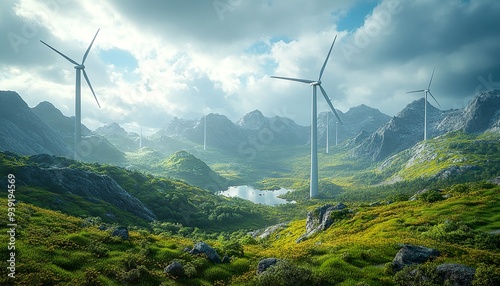 Design Stage Rendering of Mountain Wind Turbines: Green Energy in Cinematic Light