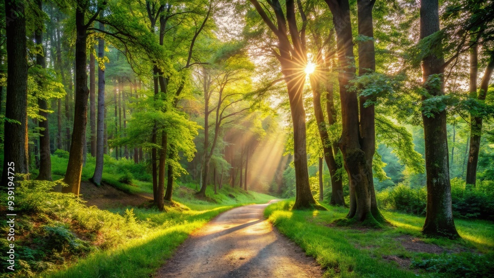 Serene winding dirt path surrounded by lush green forest, dappled with sunlight, invites a peaceful solo stroll through nature's tranquil beauty. Serene winding dirt path surrounded by lush green forest, dappled with sunlight, invites a peaceful solo stroll through nature's tranquil beauty.