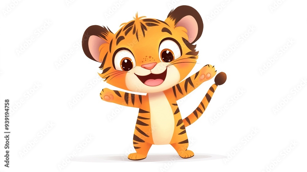 Cute Cartoon Tiger Cub Character with Big Expressive Eyes: Smiling Tiger Cub with Orange Fur and Black Stripes, Round Ears, and Arms Raised in a Cheerful Pose.