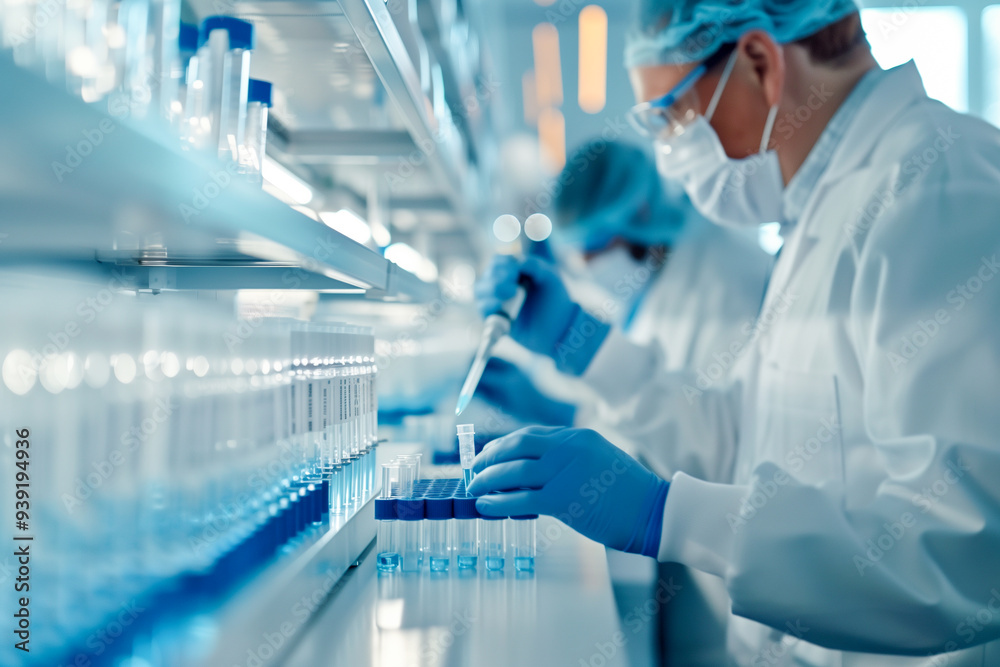 A scientist is working in a lab with a blue background A scientist is working in a lab with a blue background