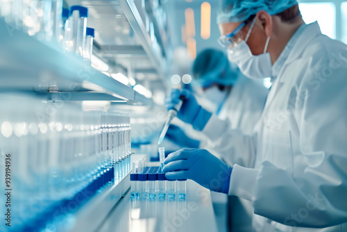 A scientist is working in a lab with a blue background