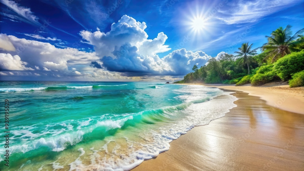 Serenely majestic turquoise ocean waves gently crash onto a sun-kissed sandy beach, creating a soothing atmosphere of tranquility and peacefulness in a tropical paradise setting. Serenely majestic turquoise ocean waves gently crash onto a sun-kissed sandy beach, creating a soothing atmosphere of tranquility and peacefulness in a tropical paradise setting.