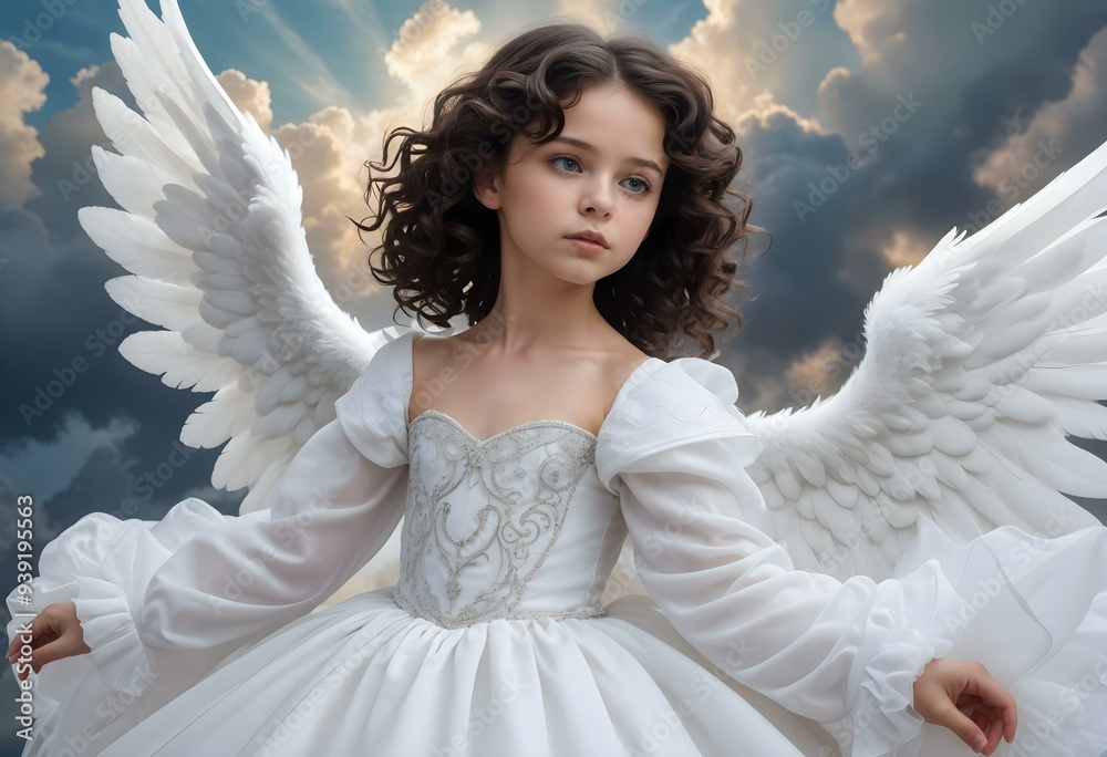 Young Girl Dressed as Angel with White Wings and Curly Hair in a Dreamy ...