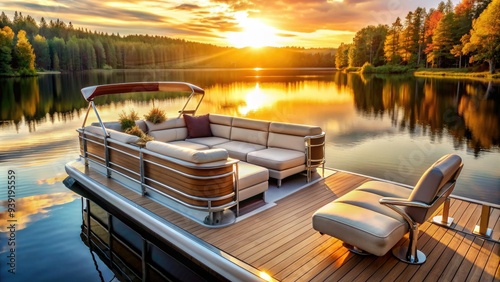 Serenely situated on a calm lake, a luxurious pontoon boat awaits adventure, its plush furniture and sleek design glistening in the warm sunlight. photo