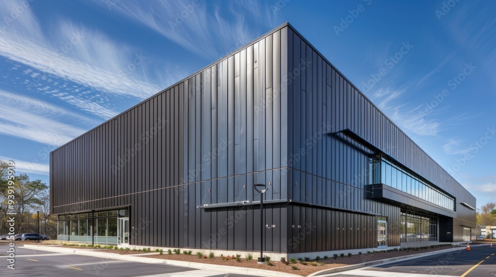 Modern building in aluminum siding and flat angled roofline and front windows. Modern building in aluminum siding and flat angled roofline and front windows.