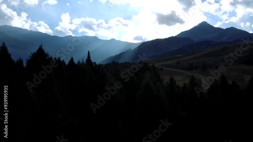 drone mountain landscape sunrise rays 