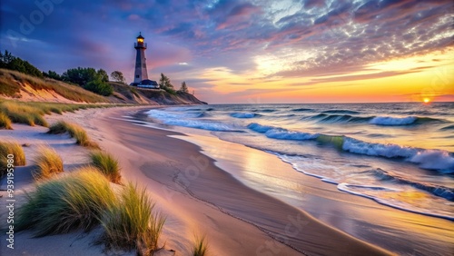 Serenene landscape of Lighthouse Beach at dawn, with gentle waves rolling onto shore and majestic dunes in the background, at Matthiessen State Park. photo