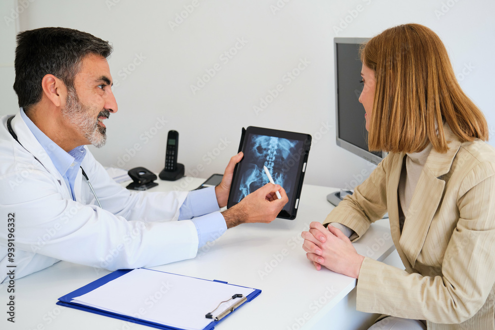 Doctor explaining x-ray to his female patient before a surgery for a broken hip. Healthcare and medicine.