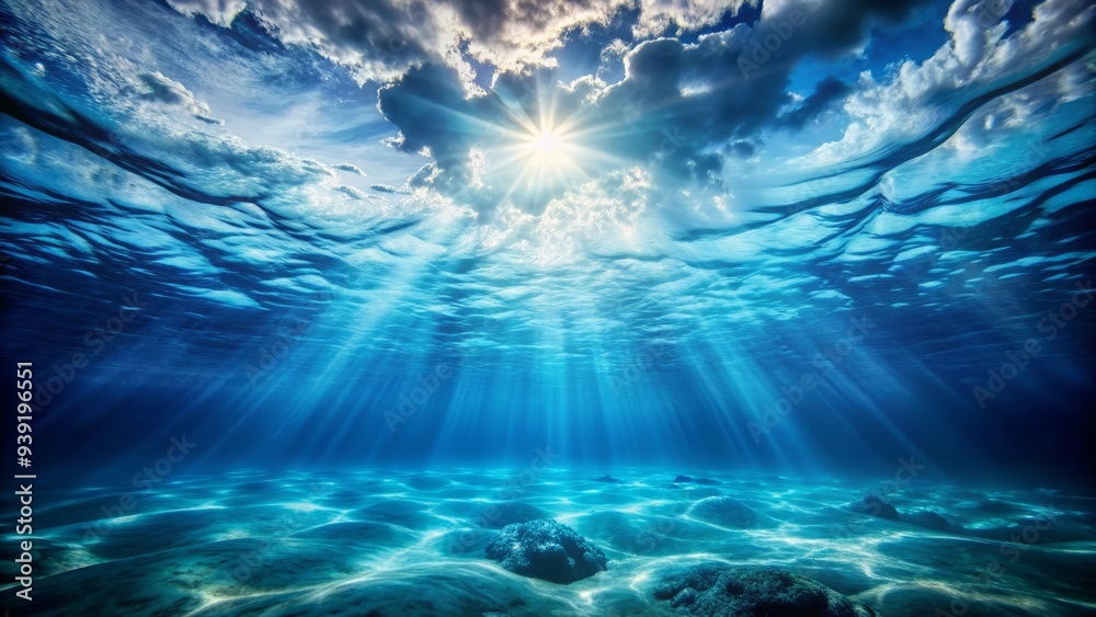 Fototapeta premium Distant Shores: Dreamy, ethereal, blue, ocean depths, underwater