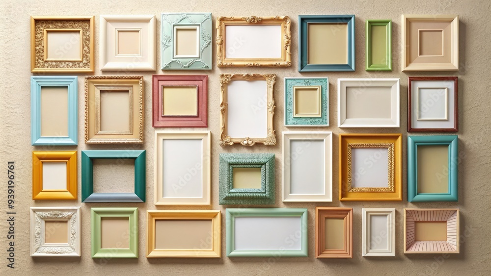 Set Of Various Blank Picture Frames In Different Styles, Colors, And Sizes, Arranged Neatly On A Light-Colored Background, Creating A Decorative And Customizable Display. Set Of Various Blank Picture Frames In Different Styles, Colors, And Sizes, Arranged Neatly On A Light-Colored Background, Creating A Decorative And Customizable Display.