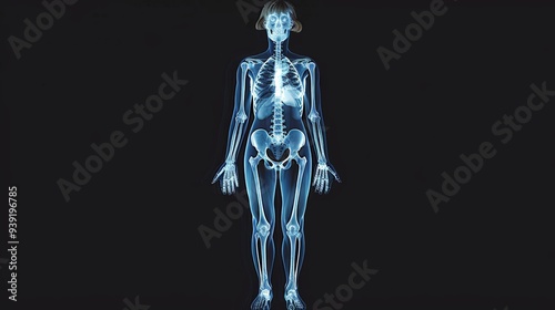 Full body female x-ray skeleton with a black background.