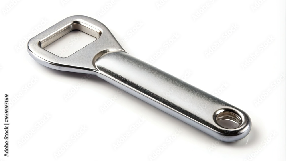 Shiny metal bottle opener lying isolated on a clean white background, ready to remove caps from cold beverages on a hot summer day. Shiny metal bottle opener lying isolated on a clean white background, ready to remove caps from cold beverages on a hot summer day.