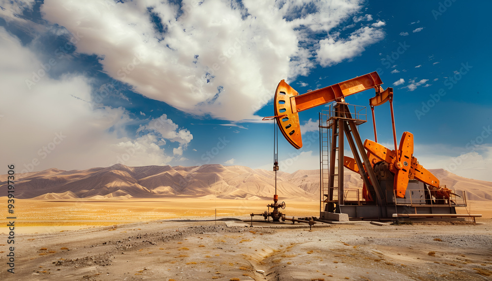 Fototapeta premium Oil rig in the desert on a background of a dramatic sky. Symbol of the crisis in the oil industry