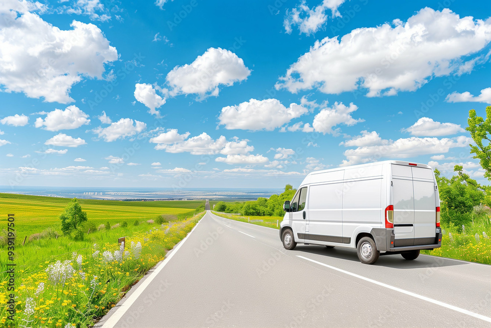 Delivery Van on a Scenic Road Trip Through Lush Green Landscapes. Expansive Open Sky with Fluffy Clouds Ideal for Transportation and Adventure Delivery Van on a Scenic Road Trip Through Lush Green Landscapes. Expansive Open Sky with Fluffy Clouds Ideal for Transportation and Adventure