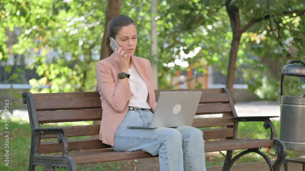 Fighting Young Woman Talking on phone in Anger and Using Laptop Outdoor Fighting Young Woman Talking on phone in Anger and Using Laptop Outdoor