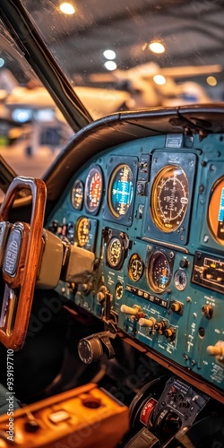 Close-up view of an aircraft cockpit showcasing various instruments and controls, highlighting aviation technology and design. photo