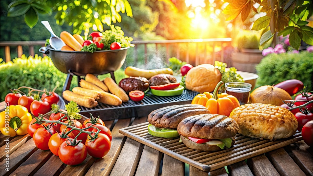 Sizzling burgers and hot dogs on a rustic outdoor grill, surrounded by fresh summer veggies and fruits, against a sunny backyard patio backdrop. Sizzling burgers and hot dogs on a rustic outdoor grill, surrounded by fresh summer veggies and fruits, against a sunny backyard patio backdrop.