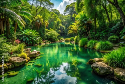 Emerald Oasis of Stillness: Deep green, lush, rejuvenating, peaceful, nature-inspired