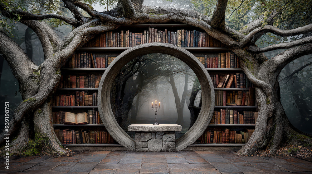 Obraz premium Haunting Halloween Night A Glowing Jack-O'-Lantern Stands Guard Before a Spooky Fog-Enveloped Haunted House Under the Full Moon, Creating the Perfect Eerie Atmosphere