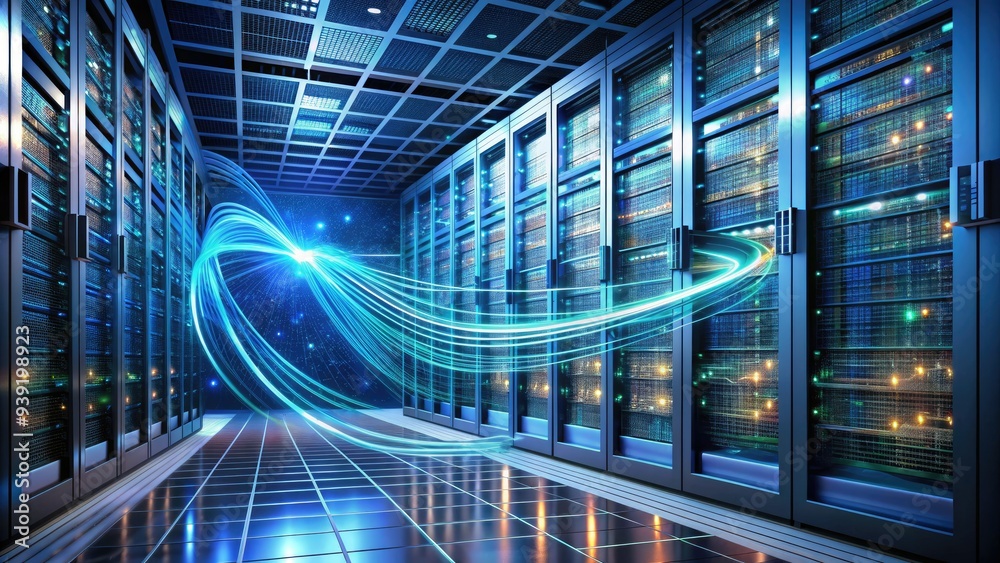 Sleek, modern, flat-lay illustration of a server rack amidst swirling data streams and digital circuitry, representing efficient data management and processing. Sleek, modern, flat-lay illustration of a server rack amidst swirling data streams and digital circuitry, representing efficient data management and processing.