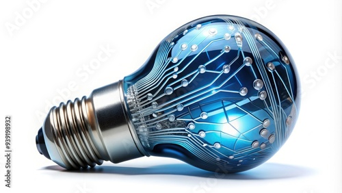 Sleek, modern, silver LED light bulb with intricate circuit board design and glowing blue filament, isolated on a white background, concept of innovation.