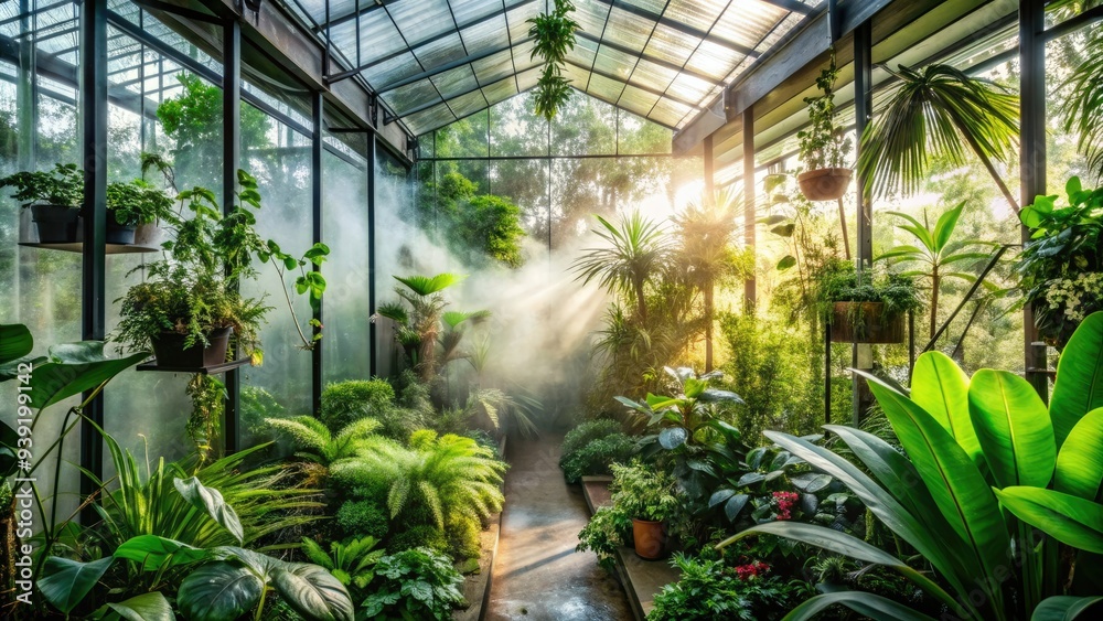Sleek, modern greenhouse with lush vegetation and tropical plants thriving inside, surrounded by misty condensation and warm, soft natural light filtering through. Sleek, modern greenhouse with lush vegetation and tropical plants thriving inside, surrounded by misty condensation and warm, soft natural light filtering through.