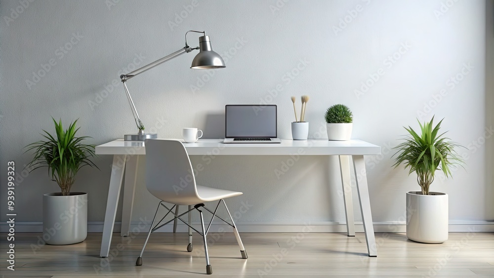 Fototapeta premium Sleek, modern workspace features a sparse, white desk with a single, silver desk lamp and a few, carefully placed, minimalist decorative objects.