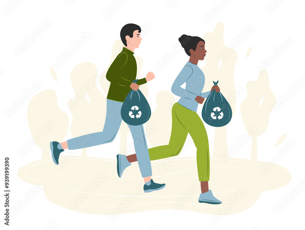 Volunteers run in the city park and collect garbage. Plogging concept. Green sport vector illustration. 