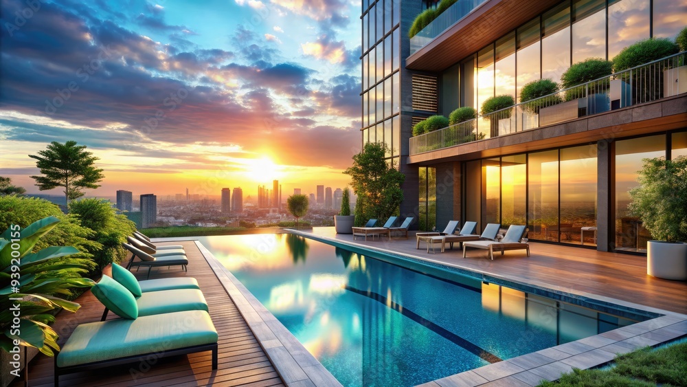Fototapeta premium Sleek modern apartment building with turquoise swimming pool and lounge chairs, surrounded by lush greenery and overlooking a bustling cityscape at sunset.