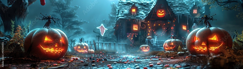 Spooky Halloween night scene with carved pumpkins, a haunted house, and a ghost. Perfect for festive holiday themes and decorations. Spooky Halloween night scene with carved pumpkins, a haunted house, and a ghost. Perfect for festive holiday themes and decorations.