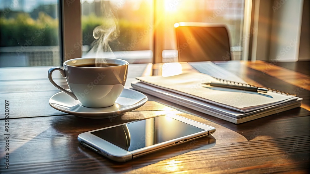 Sleek silver smartphone with glowing touchscreen display lies on a modern desk, surrounded by scattered papers and a steaming cup of coffee in the morning light. Sleek silver smartphone with glowing touchscreen display lies on a modern desk, surrounded by scattered papers and a steaming cup of coffee in the morning light.