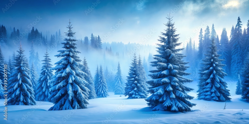 Ethereal Snowswept Pines: Tranquil, serene, misty, evergreen, blue, white Ethereal Snowswept Pines: Tranquil, serene, misty, evergreen, blue, white