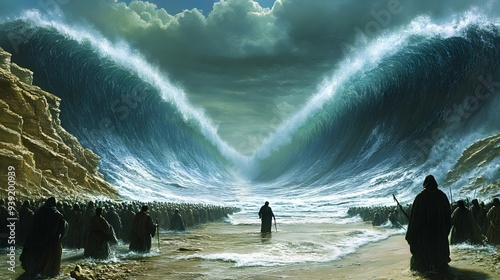 Biblical depiction of Moses parting the Red Sea, a powerful moment in religious art that symbolizes the deliverance of the Israelites and God's miraculous intervention in the history of Christianity.